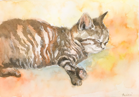 水彩画 眠る子猫 1枚目の画像