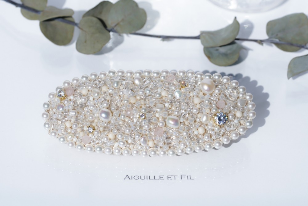 天然石と淡水パール　オーバルビーズバレッタ (oval-large-pearl)