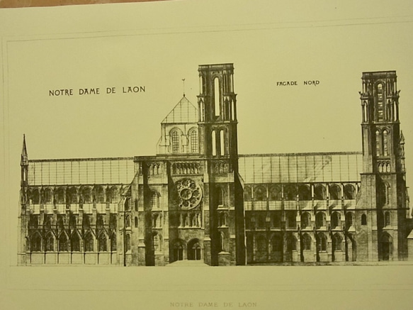 13世紀頃 フランスのランのノートルダム大聖堂の正面の建築パースです。(写真アリ)A3サイズ    F -96 2枚目の画像