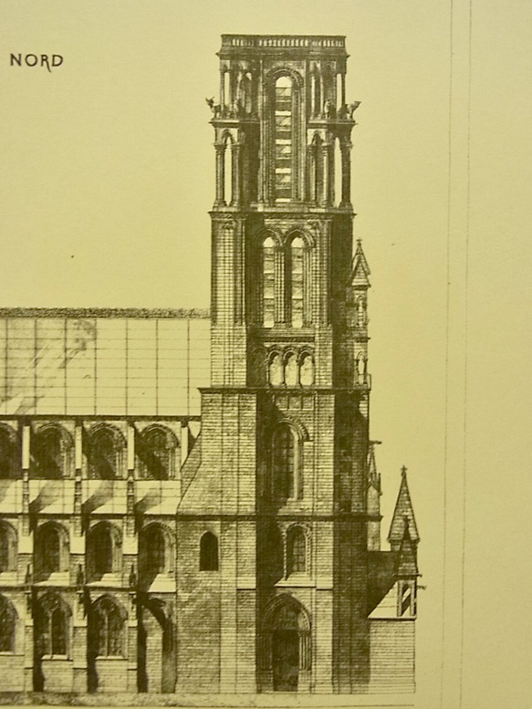 13世紀頃 フランスのランのノートルダム大聖堂の正面の建築パースです。(写真アリ)A3サイズ    F -96 4枚目の画像