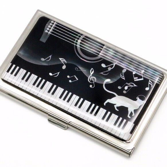 天然貝 名刺カードケース（猫ピアノ）＜螺鈿アート＞【ラッピング対応】 1枚目の画像