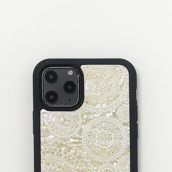 ☆天然貝 螺鈿アート【 iPhone / Galaxy 対応】ホワイトレース ｜HQ スマホケース 2枚目の画像