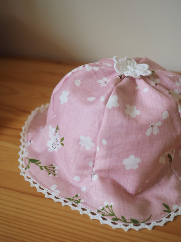 手工製作雙面防風防曬棉質帽子 適合成人小孩嬰兒 粉紅色櫻花圖案 第3張的照片