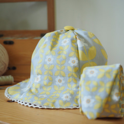 手作清雅粉黃小花圖案嬰兒小童帽子及髮帶套裝 適合成人小孩嬰兒 第4張的照片