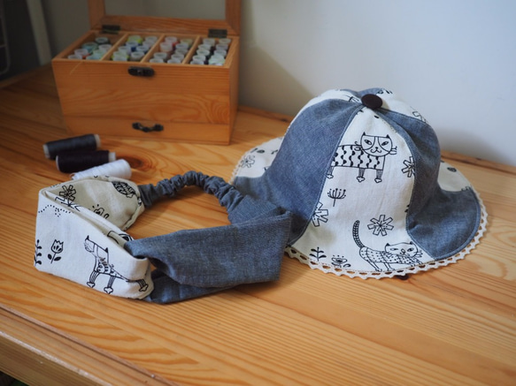 手工布藝 灰色小貓圖案髮帶及帽子套裝 第2張的照片
