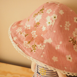 手作雙面北歐風粉色兔子刺繡/ 粉色櫻花圖案嬰兒小孩帽子 第5張的照片
