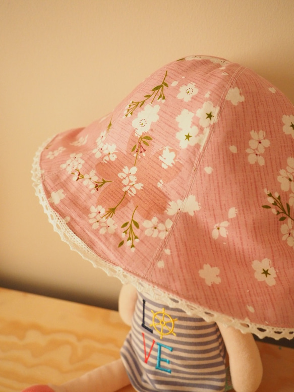 手作雙面北歐風粉色兔子刺繡/ 粉色櫻花圖案嬰兒小孩帽子 第5張的照片