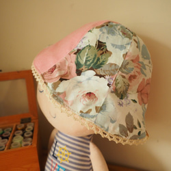 手作雙面粉紅玫瑰花圖案/ 粉紅拼櫻花圖案嬰兒小孩帽子 第2張的照片