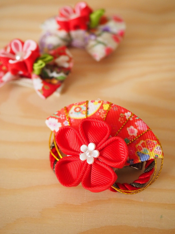 手工製作 嬰兒女童和風日式紅色櫻花頭飾 第1張的照片