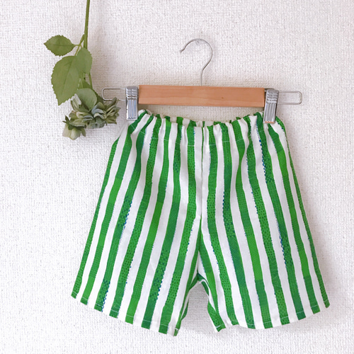 半ズボン＊ショートパンツ＊ストライプ柄＊グリーン＊白色＊お揃い