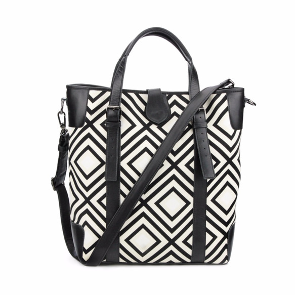 Leather-Trimmed Geometry Print Canvas Tote Bag 第1張的照片