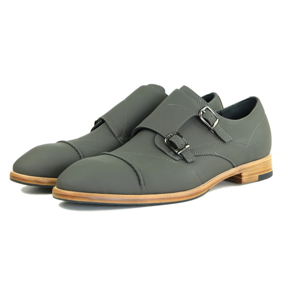 Double M1195 Grey Leather Monk-Strap Shoes 第1張的照片