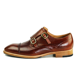 Double M1195 Caramel Brown Leather Monk-Strap Shoes 第3張的照片