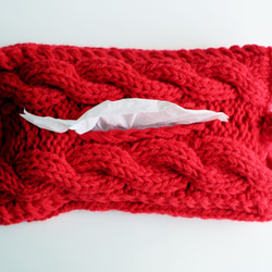クリスマスに♪　手編み　アラン模様のテッシュケース　赤 1枚目の画像