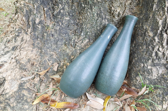 瓶中宇宙・手拉坏瓶型花器・手作陶器・古典綠色 第3張的照片