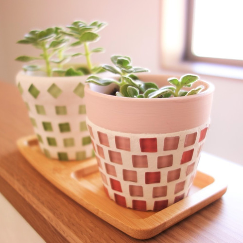 植木鉢2個セット ガラスタイル 高さ 約9cm イエロー 植木鉢2個セット ガラスタイル 高さ 約9cm イエロー