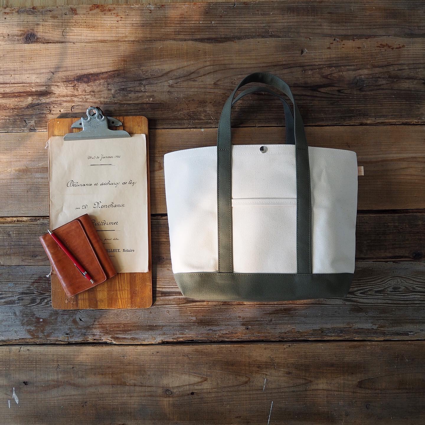 帆布Lトートバッグ  キナリ×カーキ