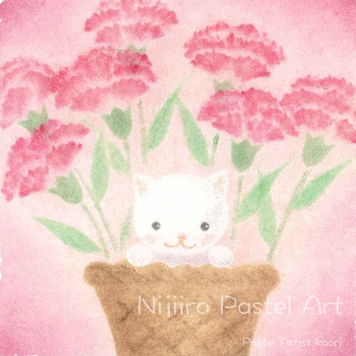 ミニ額(複製画)『猫とカーネーション』イラスト 絵 パステルアート