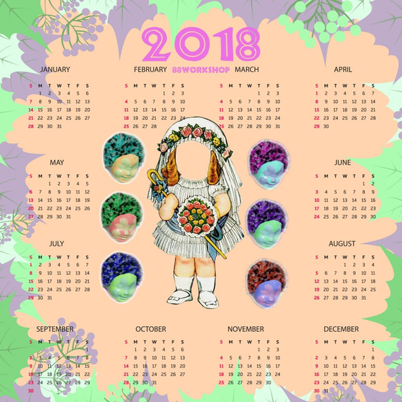 [RemadeUni]レトロ懐かしの人形コミカルなヒットカラー2018カレンダーマイクロファイバータオルのカレンダー/カレンダー 1枚目の画像