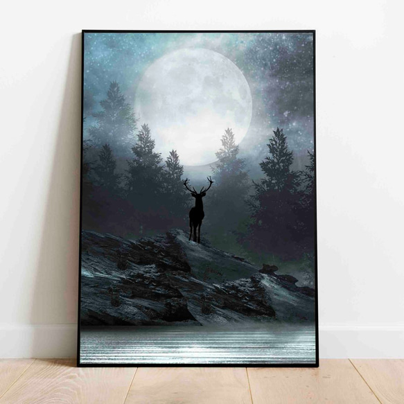 幻想的 月と鹿 モダン アート ポスター シンプル インテリア ウォールアート フレーム 大型 額縁も有 1枚目の画像