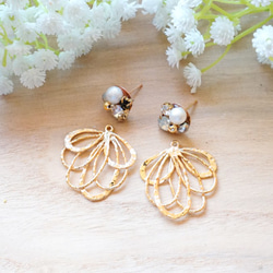 Minimily - 花朵 - 水晶珍珠18K吊飾耳環 (耳針/耳夾) 第2張的照片