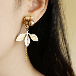 Minimily - 花詠葉 - 水晶珍珠耳環 (316L不鏽鋼抗敏耳針/耳夾) 第5張的照片