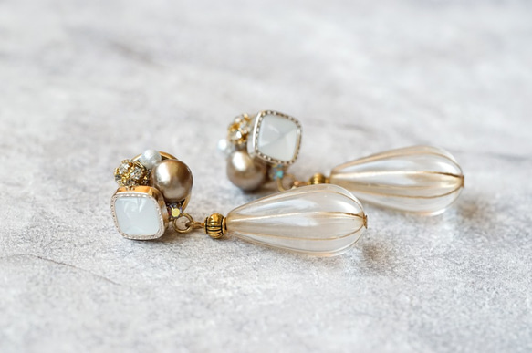 Minimily - 貴妃 - 水晶珍珠垂吊耳環 (醫療用不鏽鋼抗敏耳針 / 耳夾) 第2張的照片