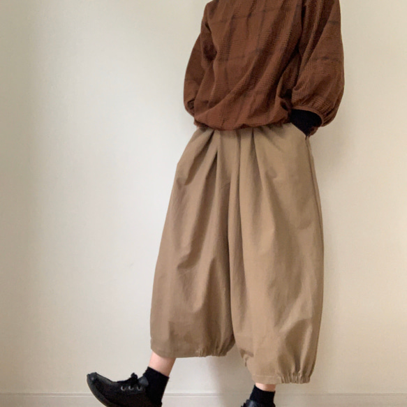 □再販★綿麻バルーンパンツ　ポケット付★グレイッシュモカ　受注製作　ウエストゴム　丈調節可能creema限定 1枚目の画像