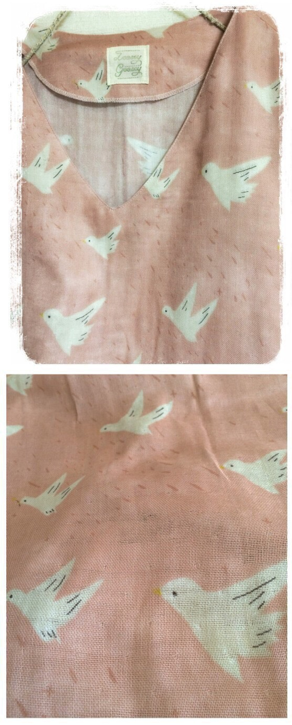 春空にただよう小鳥たち。ダブルガーゼのゆったりチュニックワンピース：ピーチ 3枚目の画像