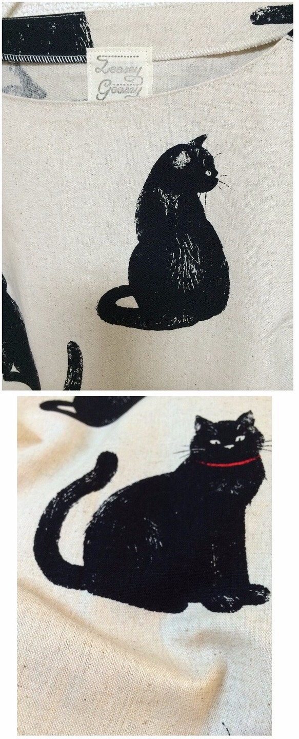 こなまいきな黒猫：五分袖ワンピース：生成り 2枚目の画像
