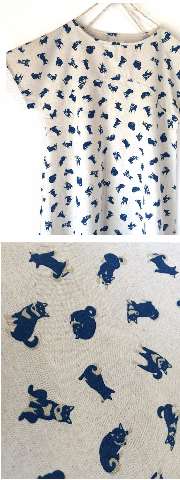 柴犬柄フレアワンピース：藍色×生成り：コットンリネン 4枚目の画像