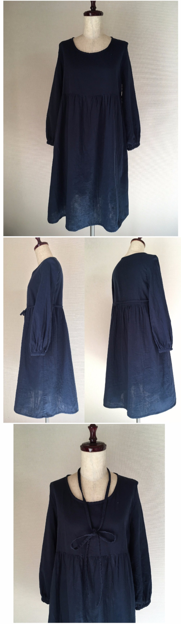絲帶結簡單收集禮服*雙層紗布*深藍色 第5張的照片