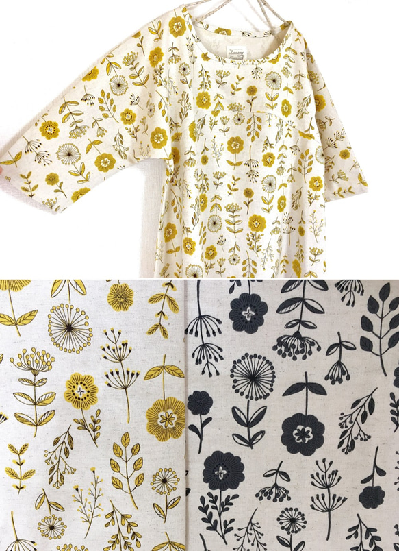植物*花卉圖案喇叭連衣裙*棉麻*半袖*黃色 第2張的照片