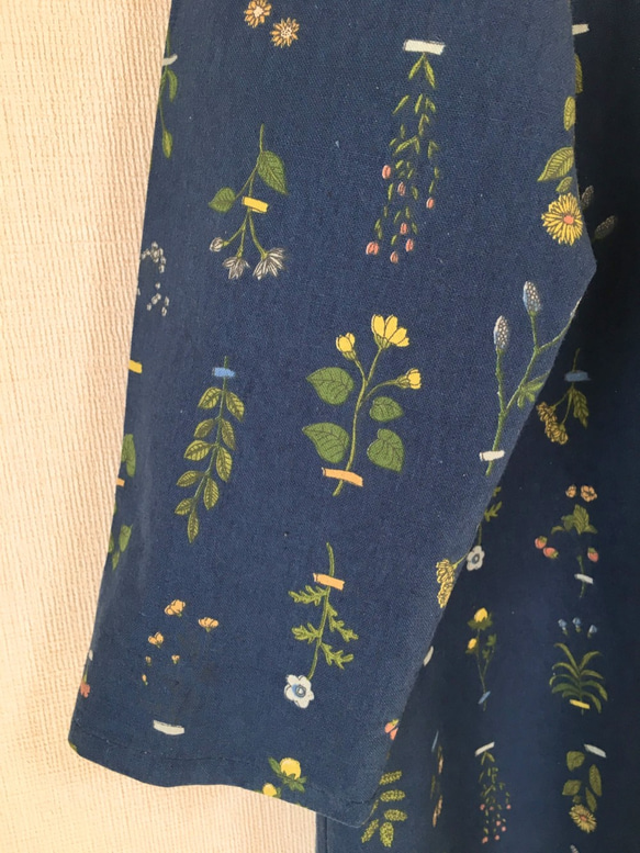 植物準備*棉亞麻長袖連衣裙*植物花卉圖案*海軍藍 第9張的照片