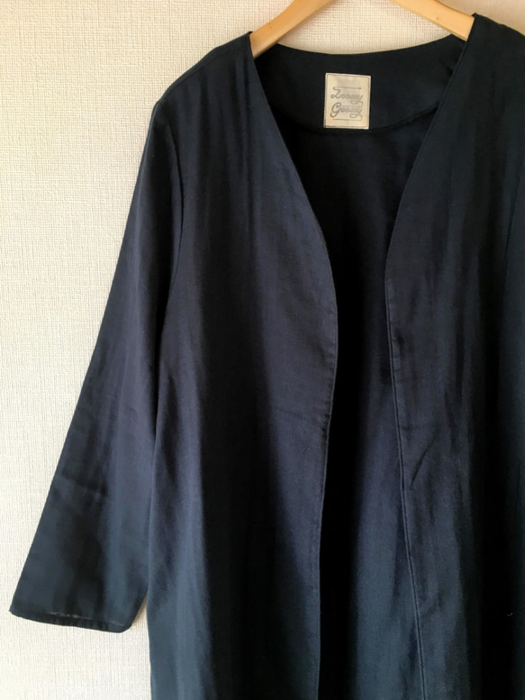 簡單的素色薄紗長外套*針織衫*雙層紗布* 100％棉*深海軍藍 第8張的照片