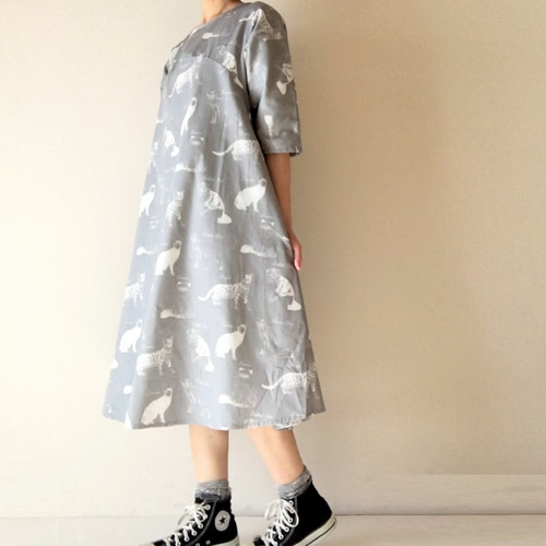 うちの子ワンピース＊猫柄＊コットン100％＊ライトグレー ワンピース