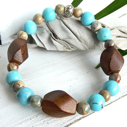 woodbeads series＊TURQUOISE＊～天然石ブレスレット 1枚目の画像