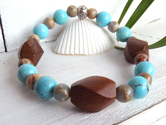 woodbeads series＊TURQUOISE＊～天然石ブレスレット 3枚目の画像