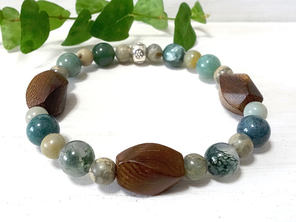 【ご予約済】＊woodbeads series＊moss agate＊～天然石ブレスレット 4枚目の画像