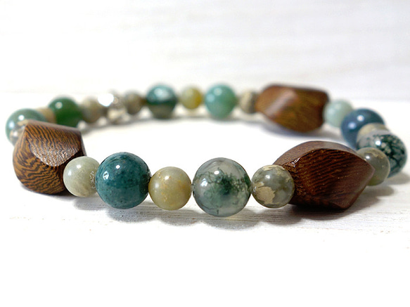 【ご予約済】＊woodbeads series＊moss agate＊～天然石ブレスレット 5枚目の画像