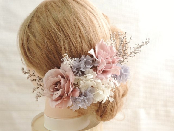 結婚式　ドライフラワー　髪飾り　ウェディングヘアアクセサリー　お花　桃色×白 S4-m ドライフラワー 成人式髪飾り 卒業式 結婚式 成人式前撮り