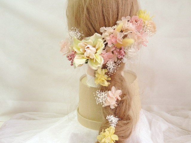 ピーチローズとモーニングイエロー  ヘッドドレス ウェディング プリザーブドフラワー