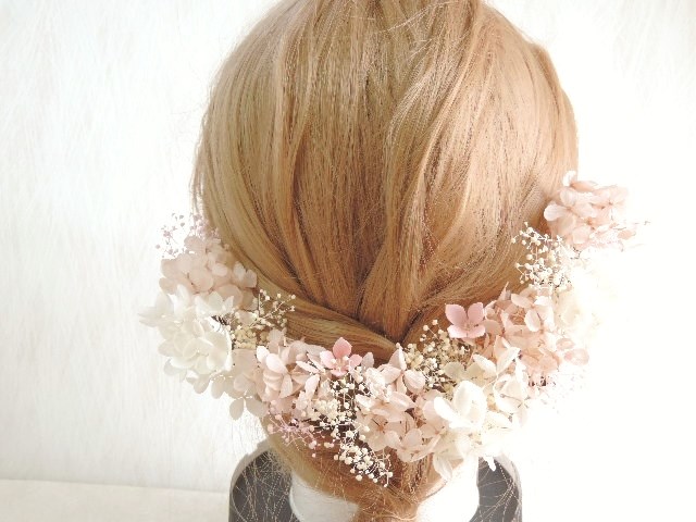 S10-m　ヌードピンク×ホワイト   ヘッドドレス   フォトウェディング   プリザーブドフラワー　くすみピンク