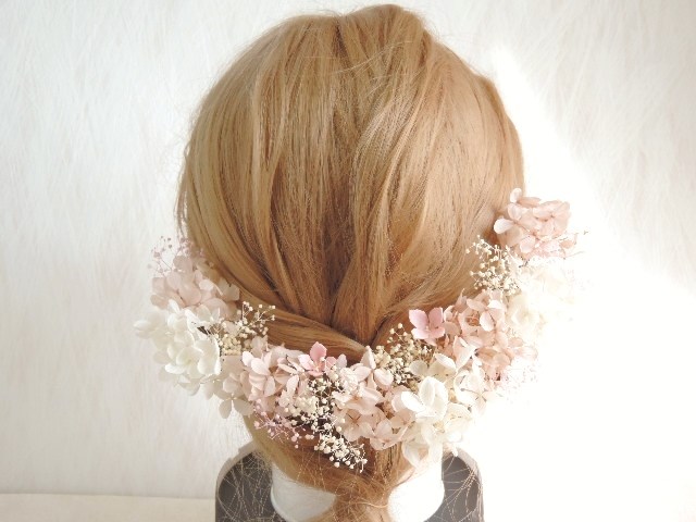 S10-m　ヌードピンク×ホワイト   ヘッドドレス   フォトウェディング   プリザーブドフラワー　くすみピンク
