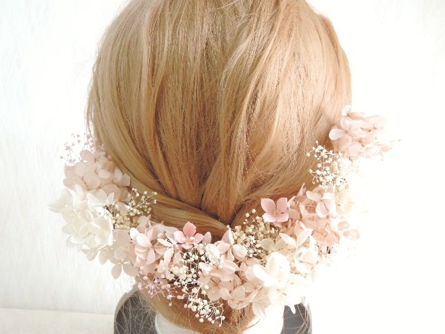 S10-m　ヌードピンク×ホワイト   ヘッドドレス   フォトウェディング   プリザーブドフラワー　くすみピンク