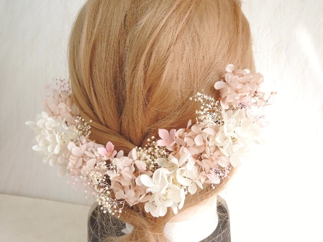 S10-m　ヌードピンク×ホワイト   ヘッドドレス   フォトウェディング   プリザーブドフラワー　くすみピンク