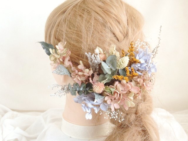 アンティークピンクの大人色ヘッドドレス　シャビーカラー　くすみカラー　フォトウェディング　結婚式　ドライフラワー