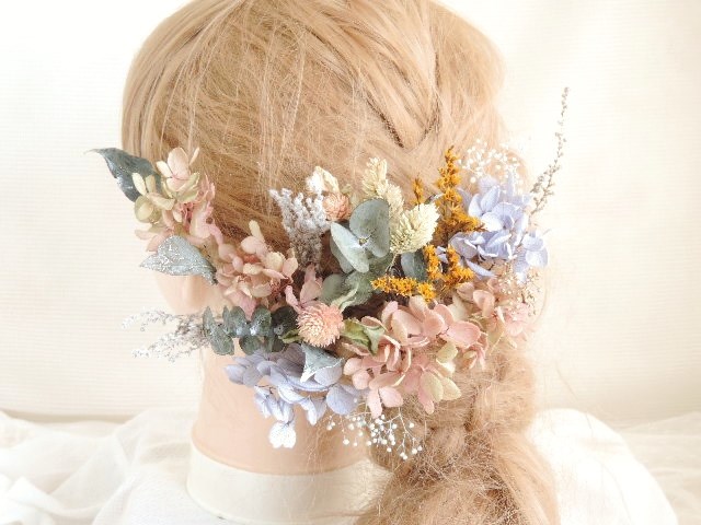 アンティークピンクの大人色ヘッドドレス　シャビーカラー　くすみカラー　フォトウェディング　結婚式　ドライフラワー