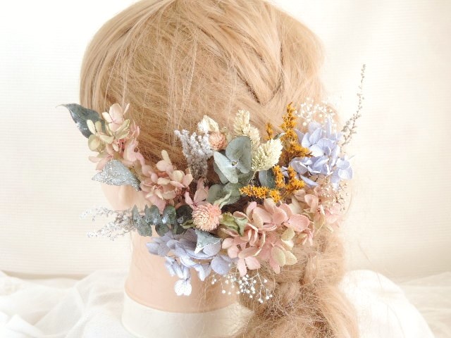 アンティークピンクの大人色ヘッドドレス　シャビーカラー　くすみカラー　フォトウェディング　結婚式　ドライフラワー