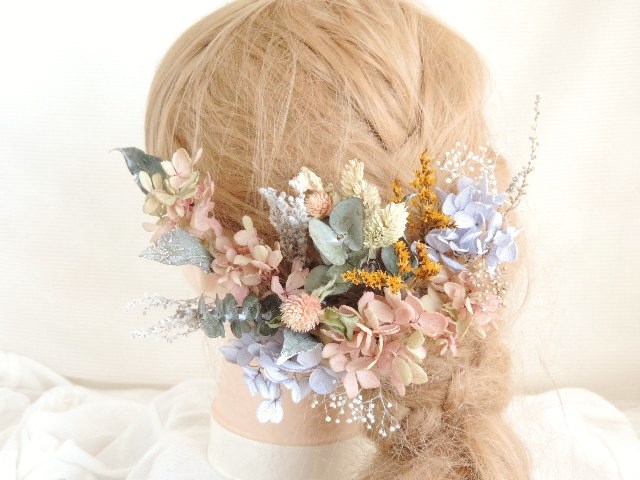 アンティークピンクの大人色ヘッドドレス　シャビーカラー　くすみカラー　フォトウェディング　結婚式　ドライフラワー